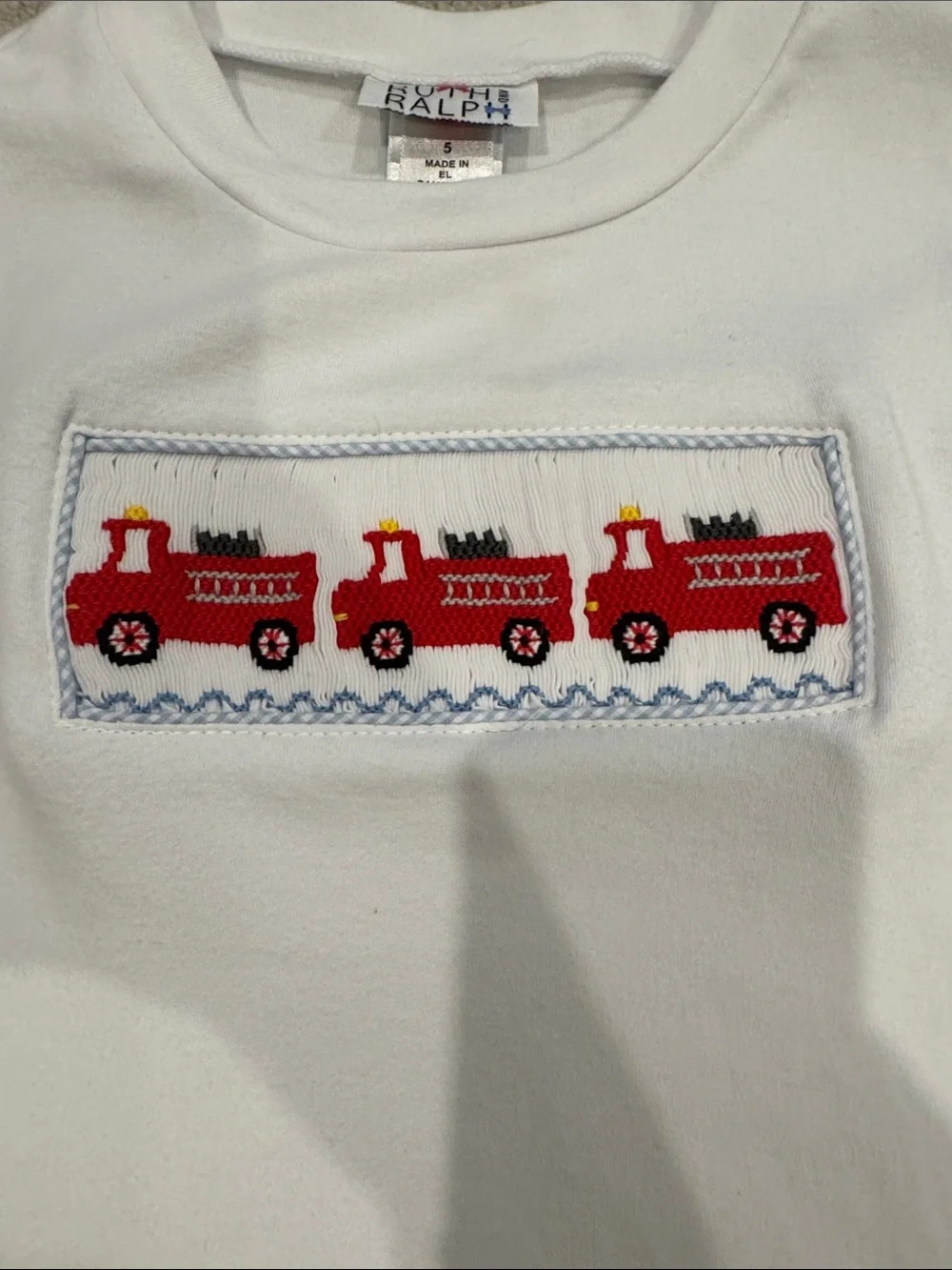 Boys White Tee & Light Blue Shorts Matching Set with Red Train Smocking
